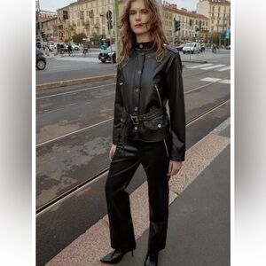 ZARA Faux Leather Belted Jacket in black